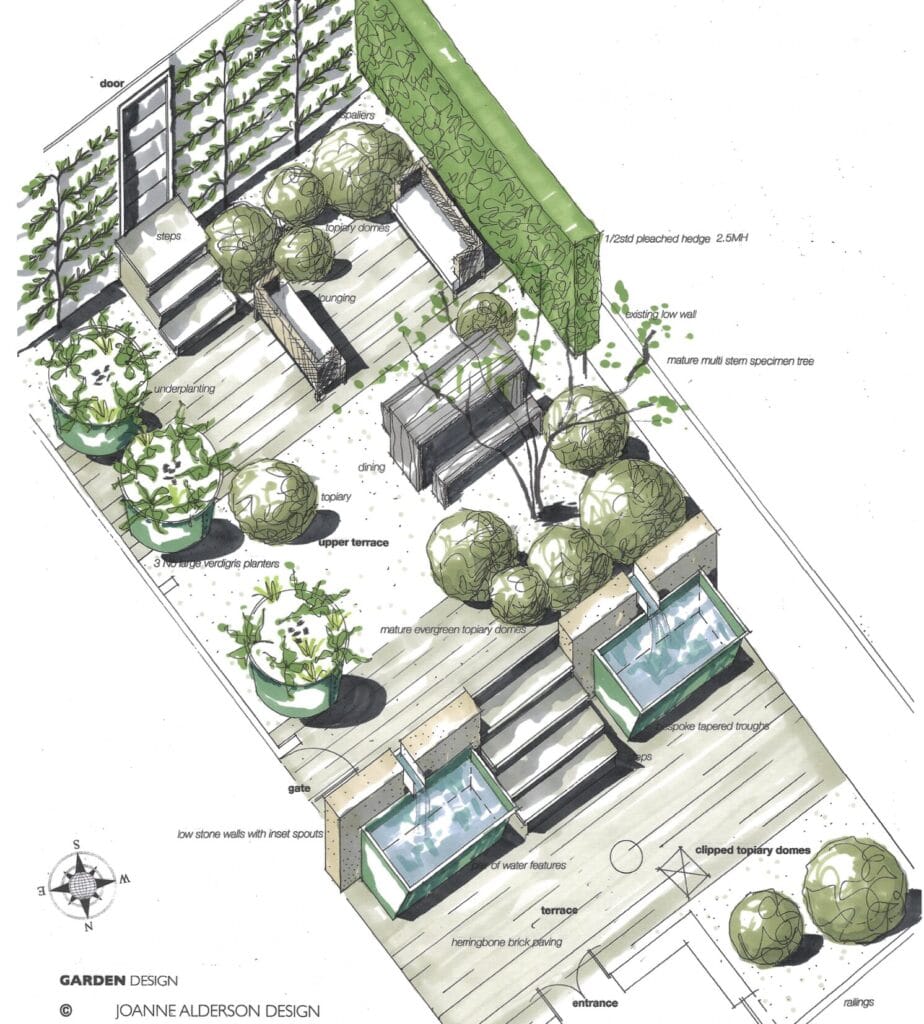 drawing of a courtyard design in Bath by Jo Alderson Design